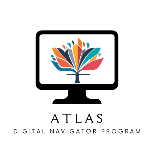 Logo for the ATLAS Digital Navigator Program featuring a colorful, abstract tree inside a computer monitor frame, symbolizing digital growth and learning.