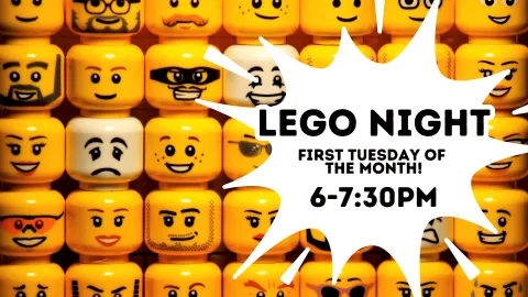 A vibrant promotional image for "Lego Night" at the Bloomsburg Public Library. The background features a close-up of yellow Lego heads with various facial expressions. A white explosion graphic displays the text: "Lego Night, First Tuesday of the Month, 6–7:30 PM."