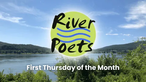 Promotional image for the River Poets event held on the first Thursday of the month. The background features a serene riverside scene with lush green trees, a calm river, and rolling hills under a clear blue sky. The center showcases the 'River Poets' logo, a vibrant lime green circle with flowing blue wave lines and bold black text. The text at the bottom reads, 'First Thursday of the Month.'