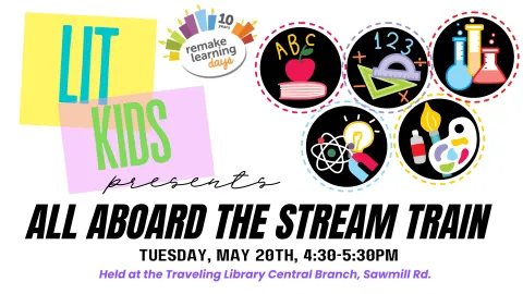 Promo for 'Lit Kids presents All Aboard the STREAM Train,' on May 20th, 4:30-5:30 PM, at the Traveling Library Central Branch. Features colorful icons for ABC, math, science, innovation, and art, with the 'Remake Learning Days' logo.