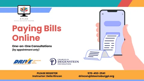 A graphic for the Atlas Digital Navigator Program highlighting "Paying Bills Online" one-on-one consultations. It features a mobile phone illustration with a receipt coming out of the screen and details on how to register for the sessions.