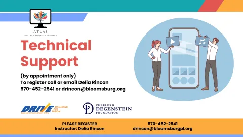An informational graphic promoting the Atlas Digital Navigator Program's "Technical Support" sessions. It includes a computer monitor icon with a colorful tree logo, a cartoon illustration of two people interacting with a large mobile device, and text stating the session is by appointment only with contact details for registration.
