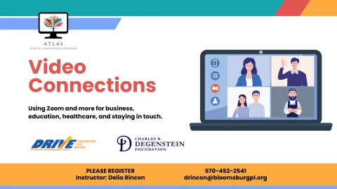 A promotional graphic for the Atlas Digital Navigator Program's "Video Connections" sessions. The image showcases a laptop screen with video call participants and text emphasizing the use of video platforms for communication, education, and healthcare.