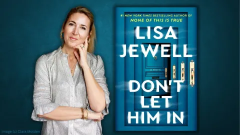 A blue-green banner for the "Bloomsburg Public Library's Adult Book Club." It features the cover of "Don't Let Him In" by Lisa Jewell. The event is scheduled for "JUNE 16TH" from "7:00 PM - 8:30 PM."
