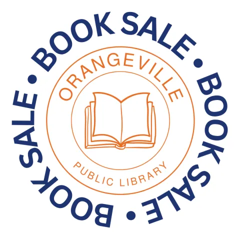 An orange circular logo with book and navy text reading "book sale".