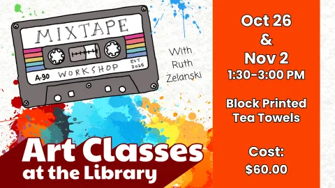 Banner for block printed tea towels art class.