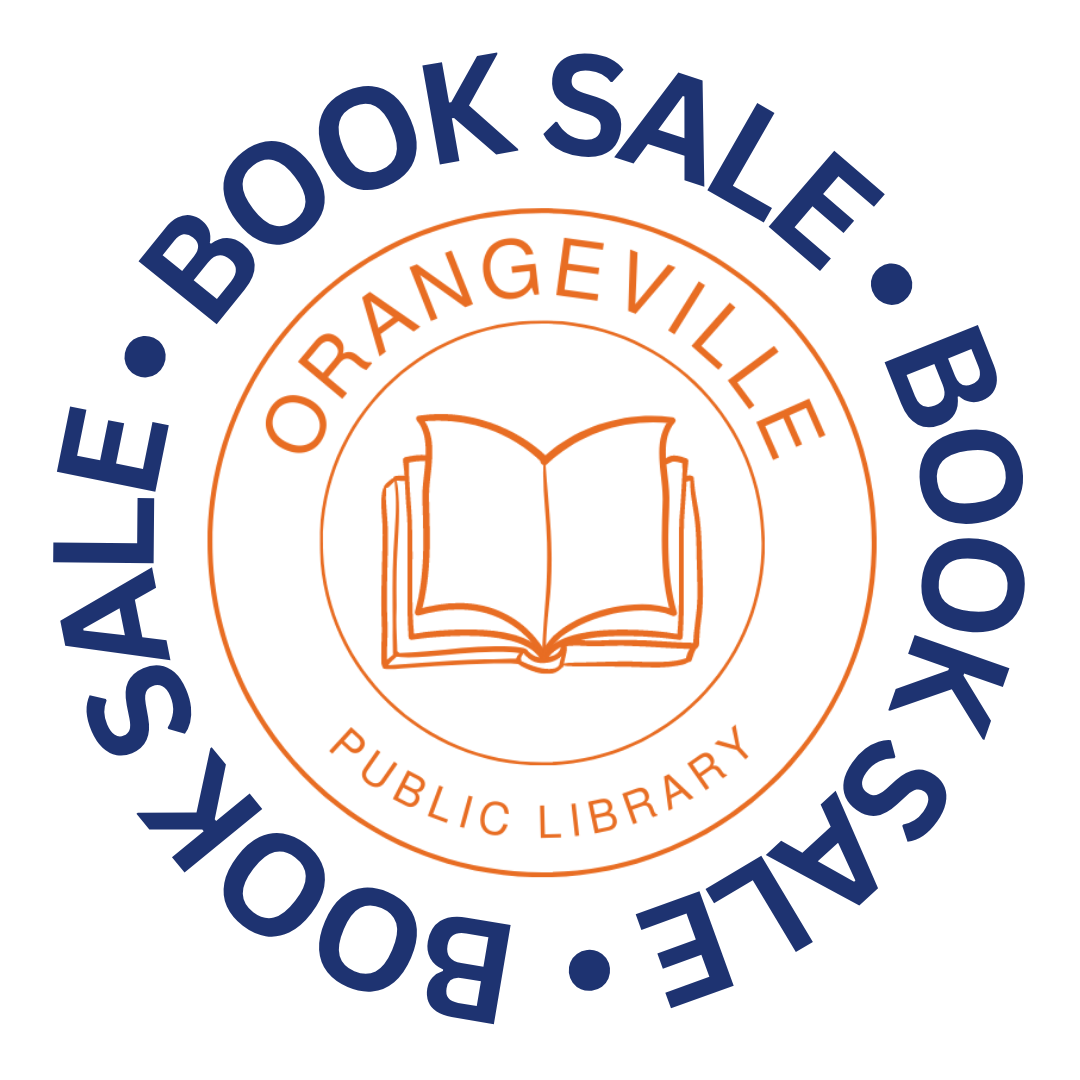 An orange circular logo with book and navy text reading "book sale".